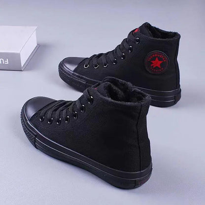 Plus Velvet Canvas Shoes Women's Winter Korean Style Sneakers All-match Non-slip All Black High-top Shoes