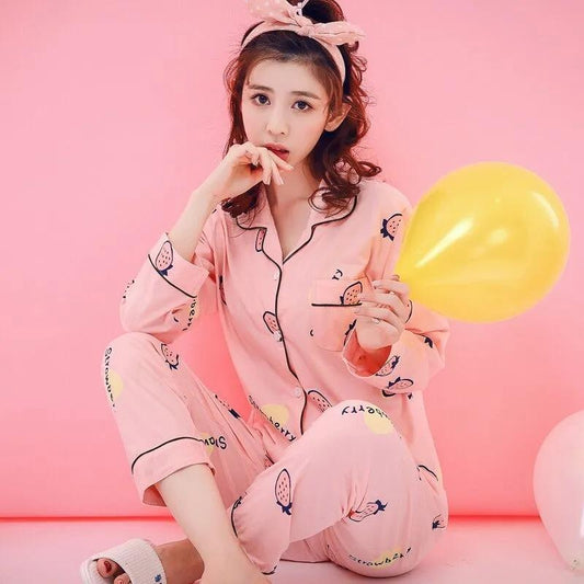 Women's Long Sleeves Pajamas Set Cute Cartoon Printing Loose Lapel Pyjamas Large Size Cardigan Home Wear Set Casual Sleeping Suit