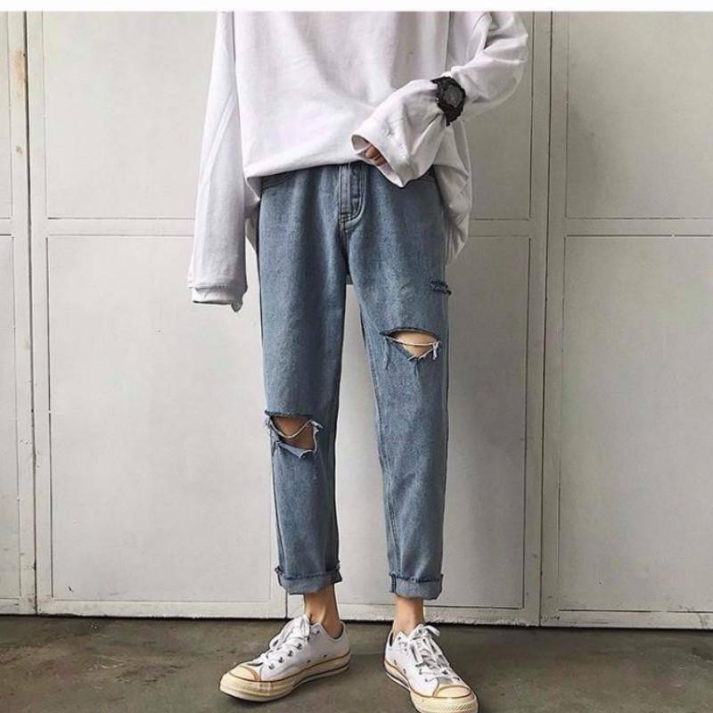 WTEMPO Woman's Jeans High Waist Torn Jeans Wide Leg Denim Clothing Blue Street Clothing Vintage Pants