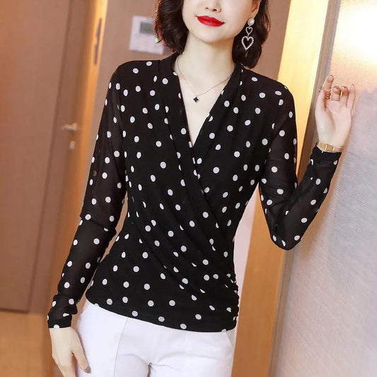 Women Spring Summer Style Lace Blouses Shirts Lady Casual V-Neck Polka Dot Printed Lace Blusas Tops Pullover