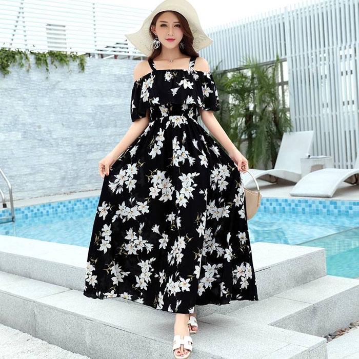 Pofulove Women Sexy Off Shoulder Strap Dress Mid-length A-line Sun-dresses Bohemian Beach Dress