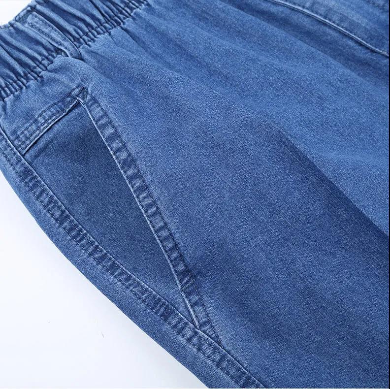 Summer Thin Middle-aged and Elderly Men's Stretch-waist Jeans Loose High-waist Straight-leg Cotton Casual Jeans