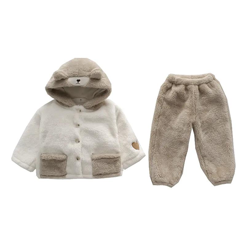 Children's Thickened Coral Velvet Home Clothes Winter Boys and Girls Bear Lovely Flannel Warm Pajamas Set