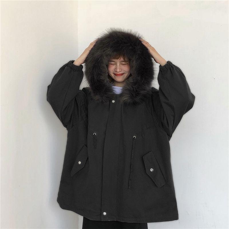 Cotton-padded Jacket Women's Winter Korean Student Loose-fitting Fur Collar Padded Jacket Plus Velvet Thick Mid-length Padded Jacket