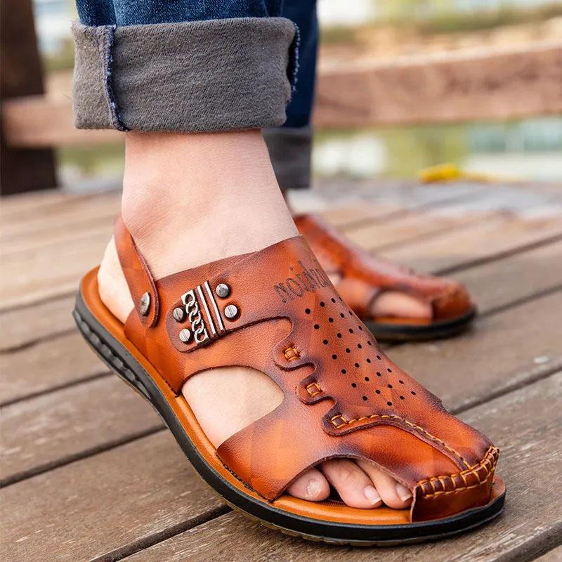 Summer Sandals Men's Breathable Waterproof Wear-resistant Cowhide Leather Bottom Dual-use Sandals Genuine Leather Beach Slippers Shoes