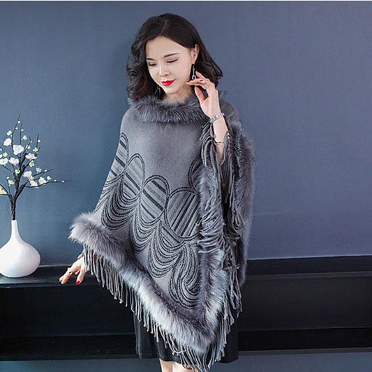 Autumn Winter Imitation Fox Fur Cloak Shawl Batwing coat Women's Faux Fur Coat Plus Size Tassel  Sweater Coat Mid-length