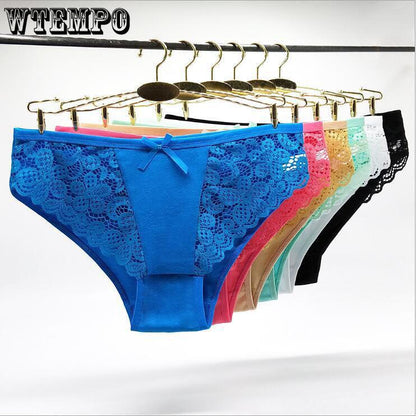 6 Pcs Underwear Women Sexy Lace Panties Solid Female Plus Size Briefs Mid Rise Underpants