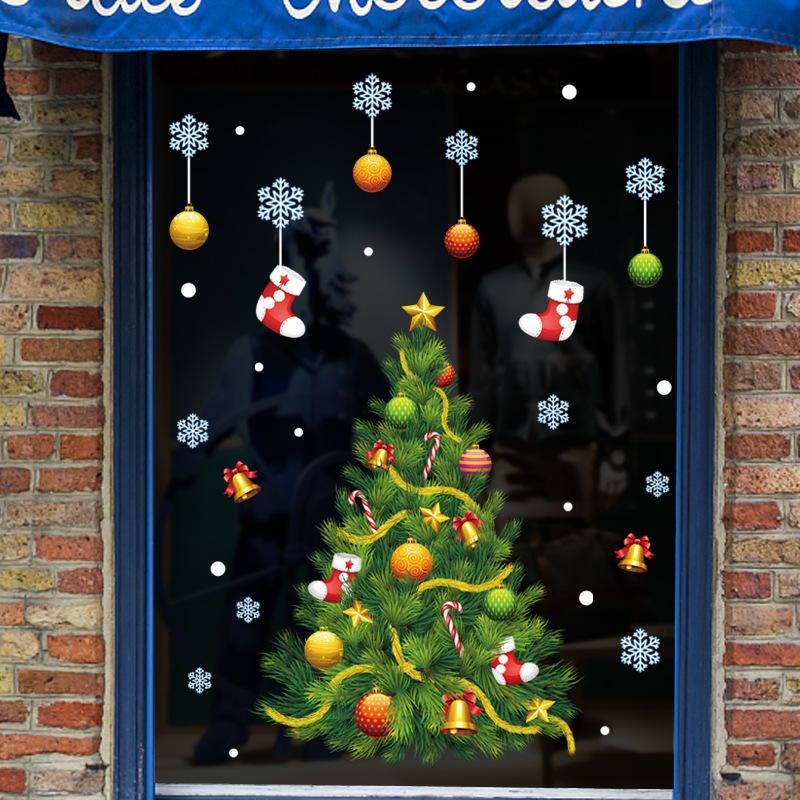 Christmas scene layout shop window glass Christmas tree wall stickers window flower ornaments