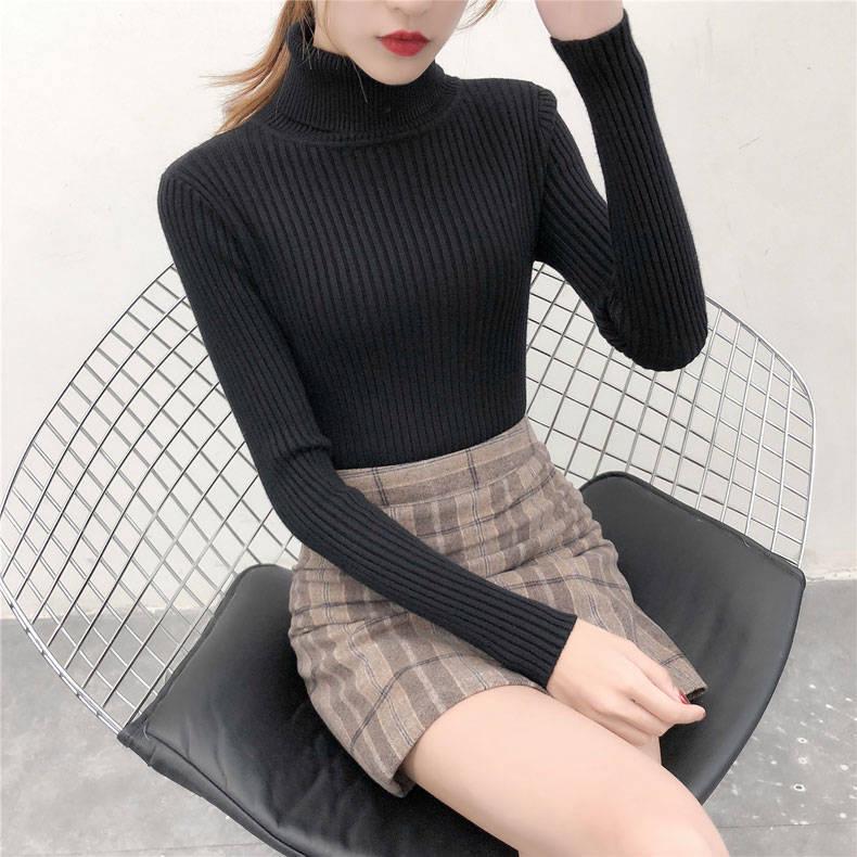 Warm Jacket High Collar Sweater Slim Thick Autumn and Winter Solid Color Sweater Female Students