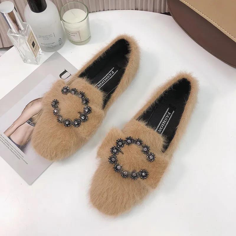 Peas Shoes Women Wild Furry Overshoes Women Casual Flat Single Shoes Furry Shoes Ladies Temperament Moccasin Shoes