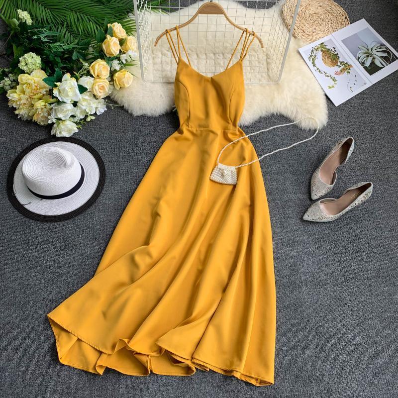 Summer Holiday Dress Cross Spaghetti Strap Open Back Solid Beach Style Ankle-Length Women Dresses