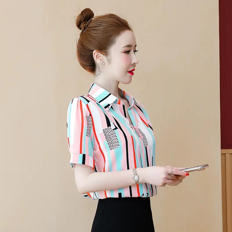 Striped Shirt Women Short-sleeved Stand-up Collar Striped Summer Women's Chiffon Shirt Loose and Thin Plaid Shirt Small Shirt Tops Workwear