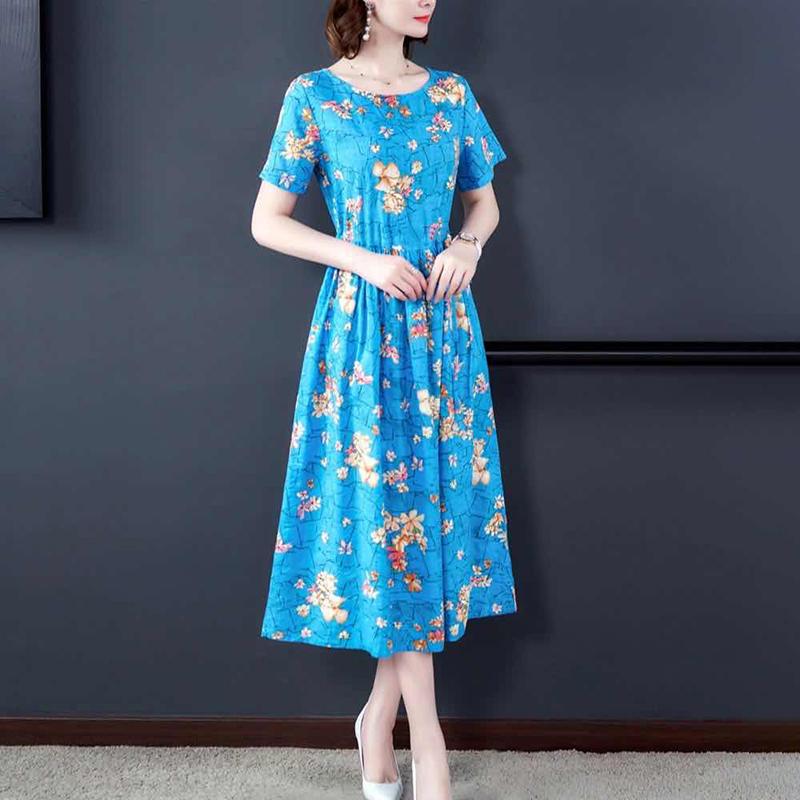 Ice Silk Elegant Printed Short-sleeved Dress Temperament Elasticated Waist Thinner Women's Floral Pattern Dress Light Fabric Comfortable and Soft