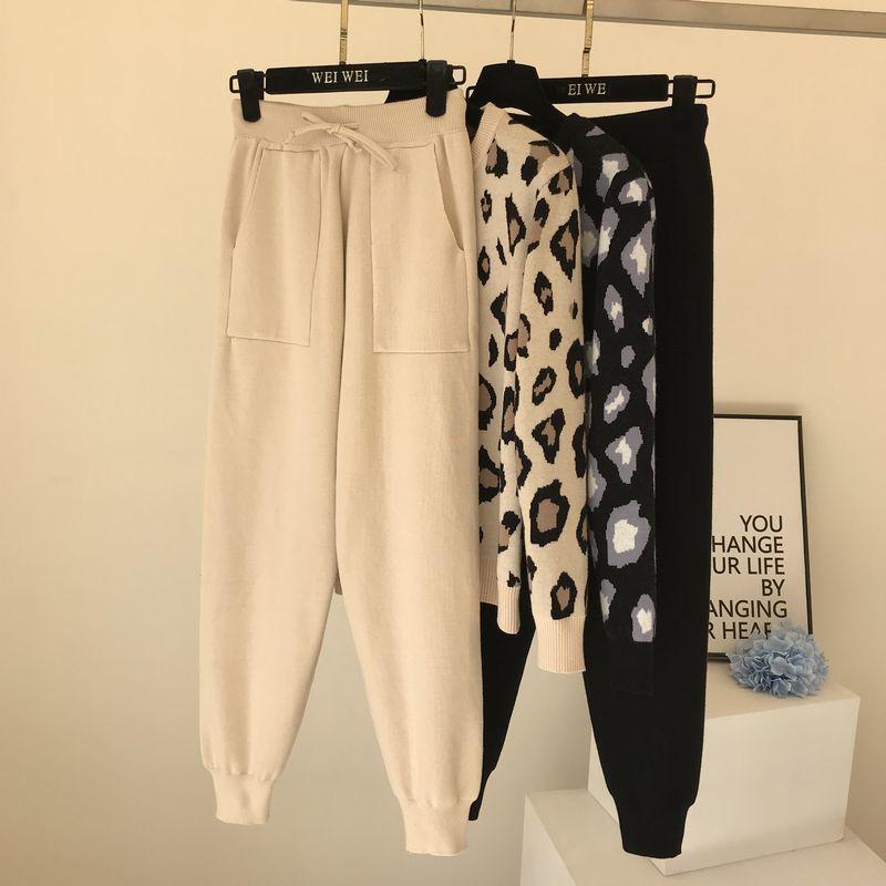 2pcs/set Women Knit Leopard Pullover Sweaters+Pants Sets Woman Fashion Jumpers Trousers 2 PCS Costumes Outfit