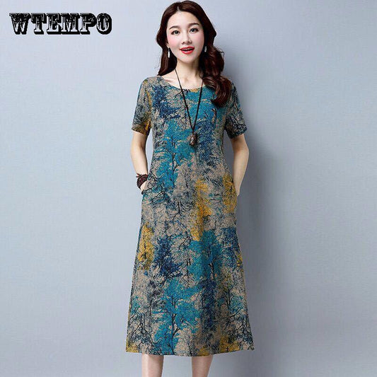 Women Summer Dress Loose Plus Size Casual Dress Vintage Print Beach Sundress Dresses Vestidos