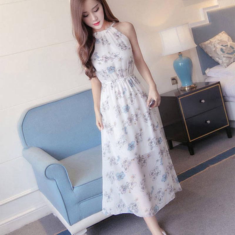 Summer Sweet Halter Strapless Chiffon Floral Dress Sleeveless Beach Long Party Dress