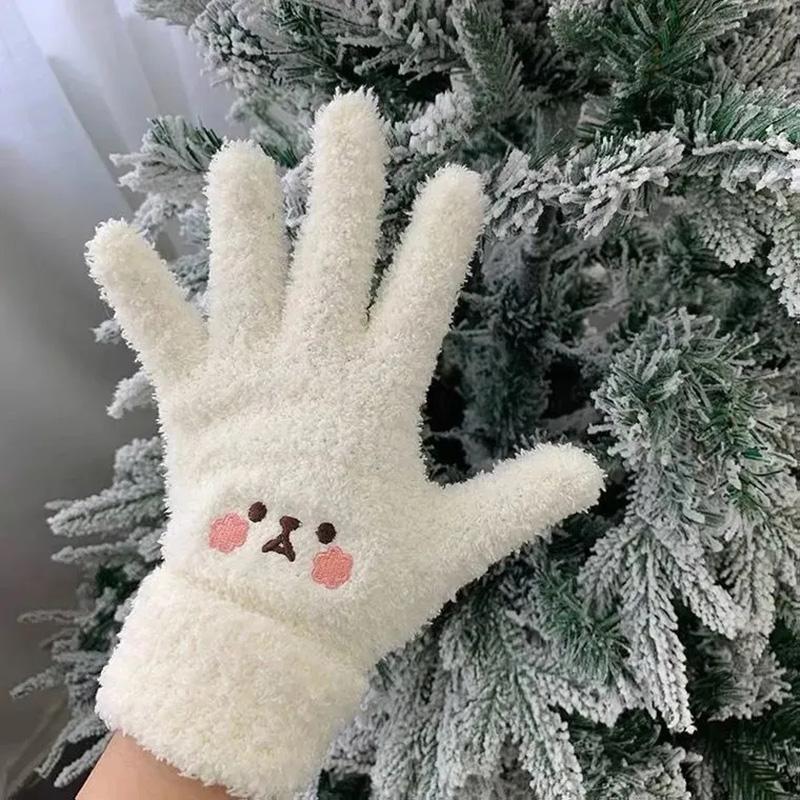 Women's Plush Cute Cartoon Gloves Winter Warm Plus Velvet Thick Embroidery Five Fingers Mittens Outdoor Cycling Cotton Gloves Windproof Soft Gloves