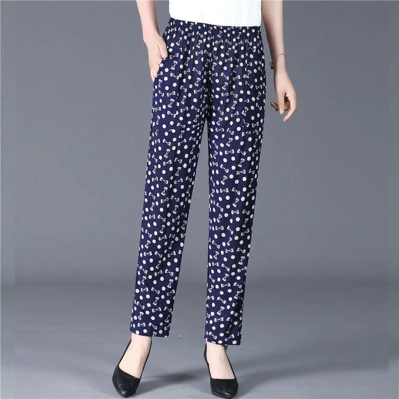 XL-5XL Women's Spring and Summer Elastic Waist Wide Leg Printed Casual Pants Female Plus Size Loose Simple Thin Cropped Pants