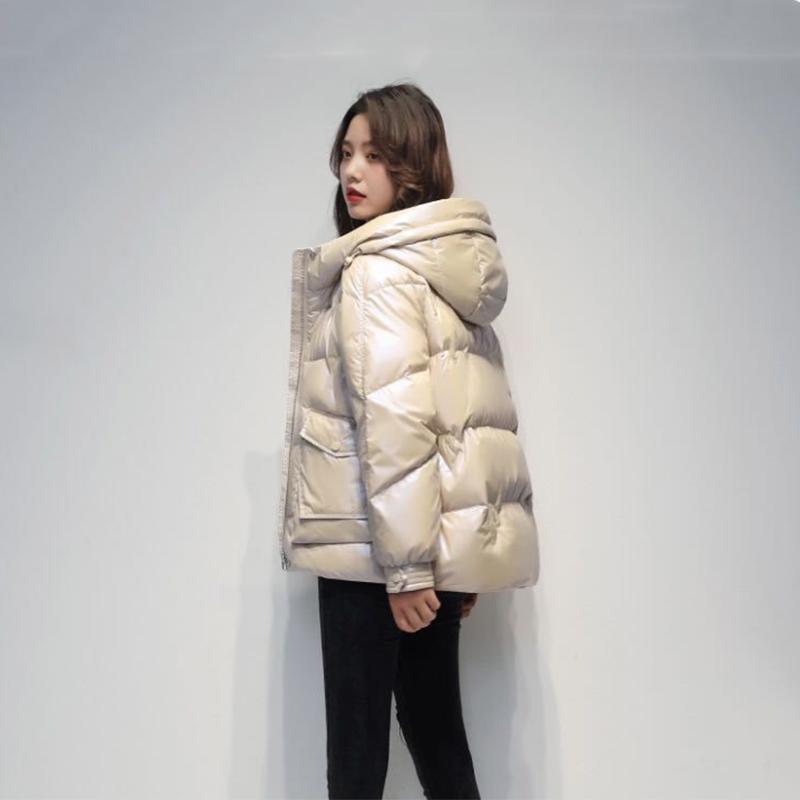 Women's Shiny Short Down Jacket Winter Korean Style Loose Quilted Jacket Casual Hooded Padded Jacket