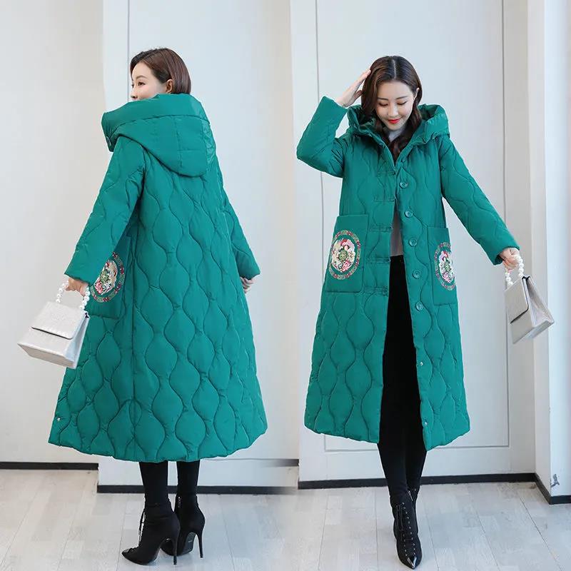 Winter Women's Down Jacket Retro Embroidery Long Cotton Jacket Thick Warmth Folk Style Over-the-knee Windbreaker Jacket