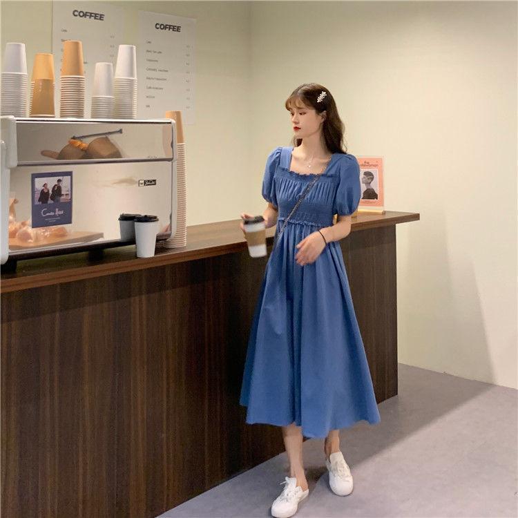 Women's Summer Retro French Over The Knee Long Close Waist Slim Foam Square Neck Short Sleeve Dress