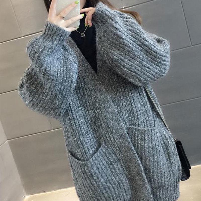 Knit Cardigan Sweater Coat Women Fashion Big Pocket Sweater Large Size Mid-length Loose