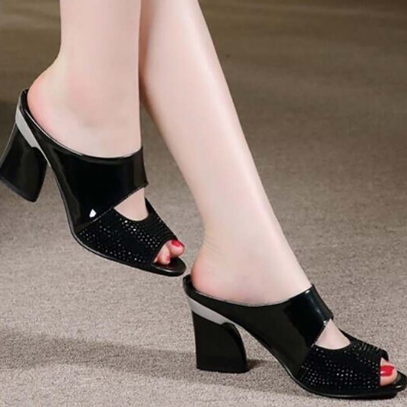 High Heel Slippers Women Summer Mid-heel Fish Mouth Slippers Thick Heel Sandals Patent Leather Rhinestone Women Sandals