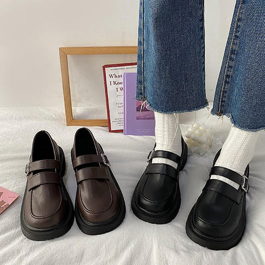 British Style Small Leather Shoes Spring Korean Version of Thick Heel Belt Buckle Single Shoes Retro Loafers Women