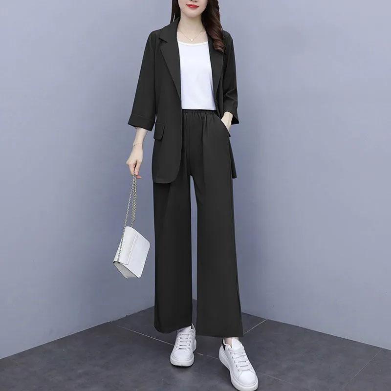 2PCS Women's Wide-leg Pants Suit Spring and Summer Korean Version Slim Suit Jacket + Loose Slit Trousers Two-piece Suit Casual Elegant Workplace Suit