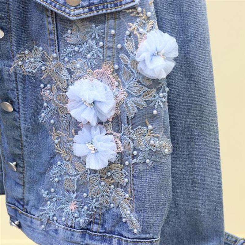 Spring and Autumn Heavy Industry Embroidery Three-dimensional Flower Hole Denim Short Jacket Women's Loose Long Sleeve Jacket Top