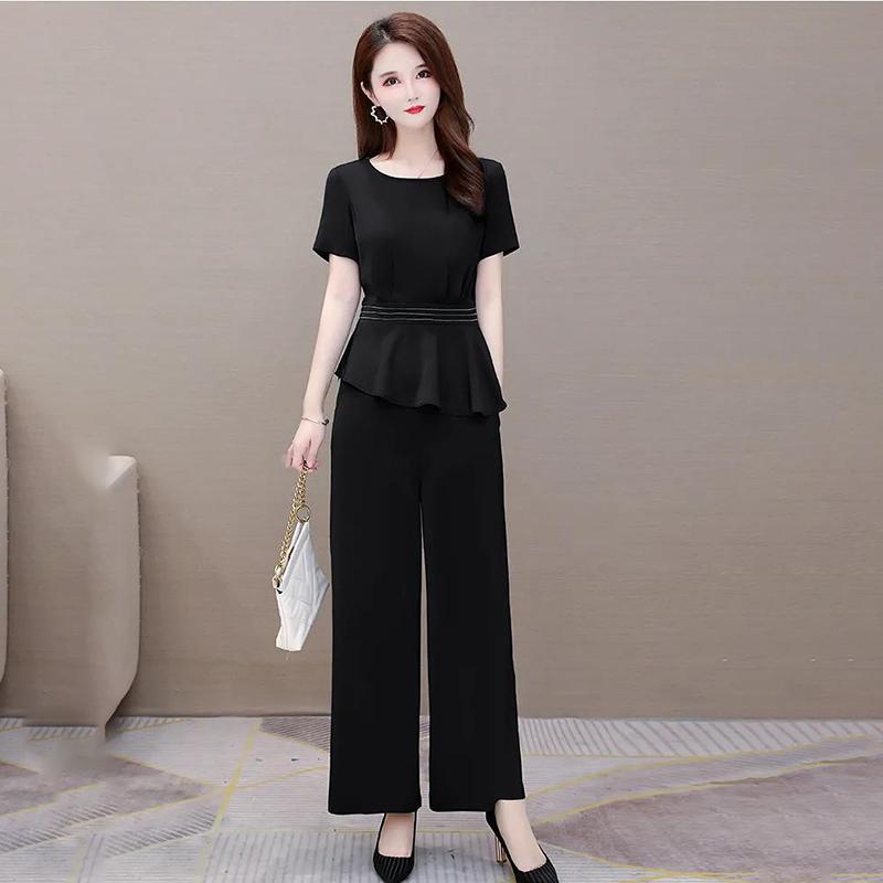 Simple Suit Loose Wide-leg Pants Round Neck Short-sleeved Shirt Two-piece Female Plus Size Slim Casual Women's Elegant Temperament