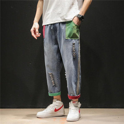 Male Student Hong Kong Style Jeans Men's Loose Straight-leg Pants Wide-leg Pants Trendy Cropped Trousers