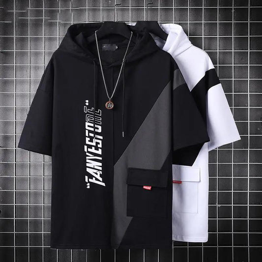 Summer Thin Section Korean Version of The Student Trend Hoodie Tide Brand Men's Stitching Short-sleeved T-shirt Loose Bottom Half-sleeved Men