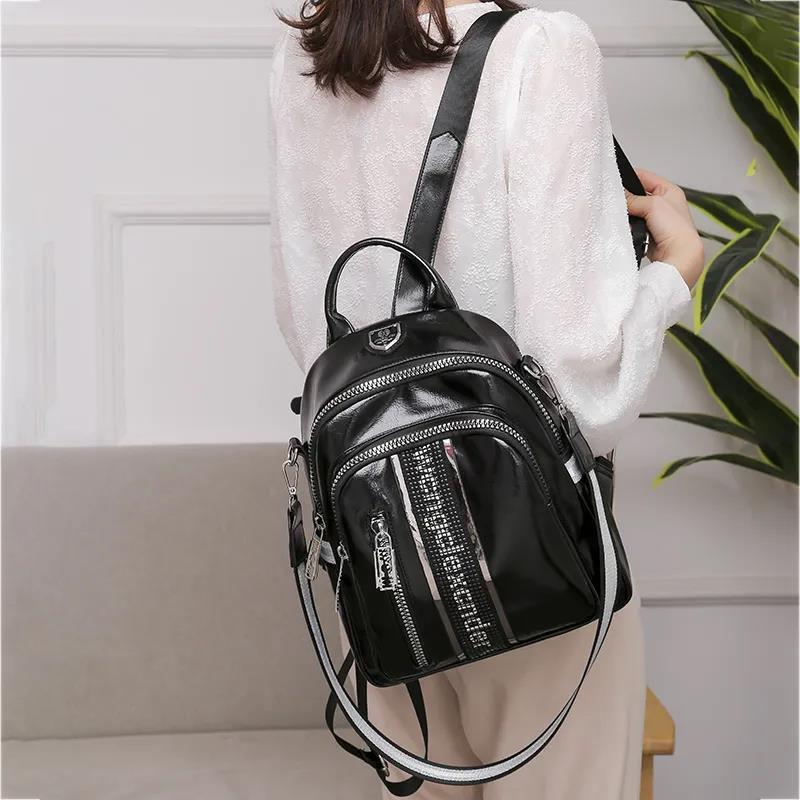 Women's Backpack Soft PU Leather Casual Multilayer Large Capacity College Schoolbag High Quality Shopping Travel Glossy Rhinestone