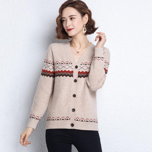 Autumn and Winter Printed Cardigan Women's Plus Size Casual Sweater Coat High-end Wool Sweater