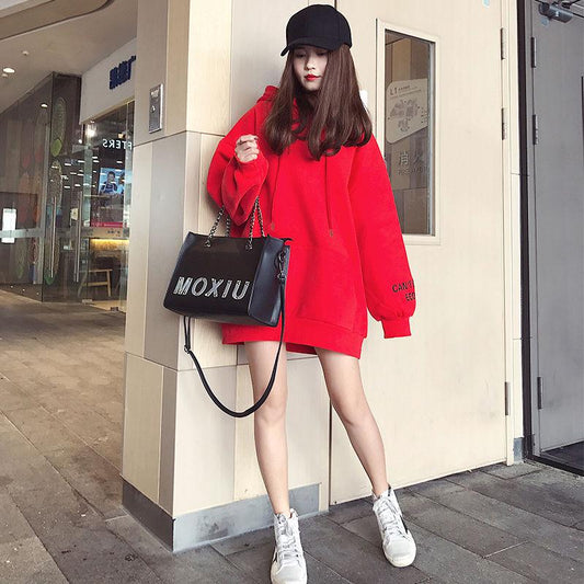 Sweater cotton women's Sweatshirt wild large size long sleeve warm hooded Top autumn and winter