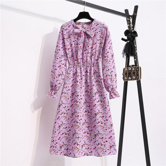 Women's Chiffon Dress Female Vintage Floral Printed Long Sleeve Bow Midi Dresses Spring Autumn Flare Sleeve