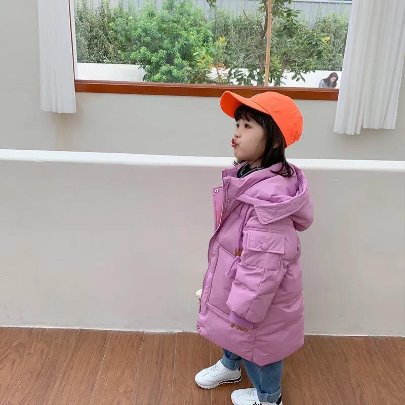 Children's Down Jacket Mid-length Girls Plus Fleece Padded Jacket Warm and Windproof Winter Clothes