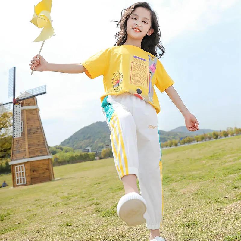 Girls Summer Leisure Suit Printed Short Sleeves + Pants Loose Comfortable Sweat-absorbent Children's Sports Two-piece Set