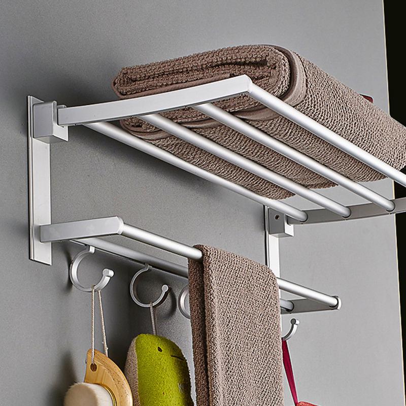 Double-layer Bathroom Towel Rack Wall-mounted Bar Rack Shelf with Hooks Bathroom Railings Do Not Need To Be Punched