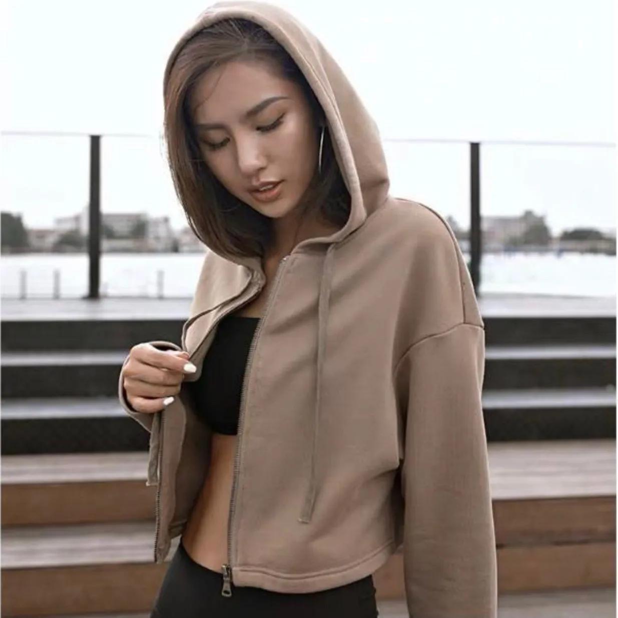 Short Navel Cardigan Zipper Hooded Sports Sweater Women's Long-sleeved Fitness Top Casual Jacket Solid Color Coat Ins Athletic Girl Clothing