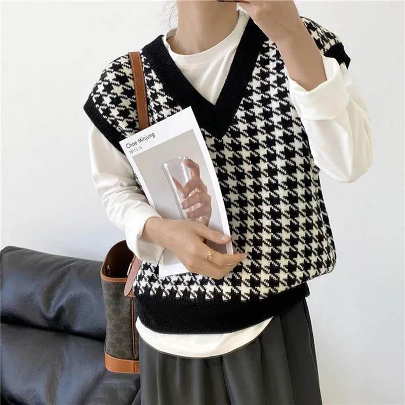 V-neck Knitted Vest Vest Female Houndstooth Korean Version Loose and Versatile Sleeveless Waistcoat Sweater Vest Jacket Outer Wear