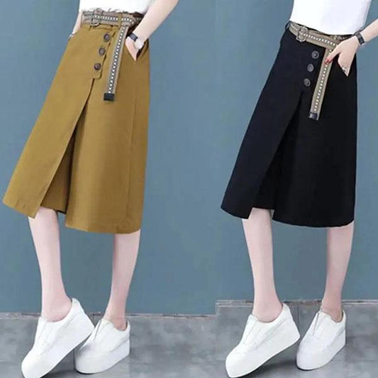 Women Summer Shorts Female Vintage High Waist Solid Color Culotte Large Size Loose Elastic Waist Wide Leg Shorts with Belt