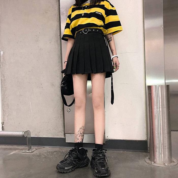 Women Summer Anti-walkout High Waist Slim Skirt Wild Black Pleated Skirt Hip Hop A-line Skirts Belt