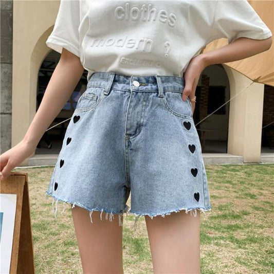 WTEMPO Heart-shaped Embroidery Washed Denim Summer Women Denim Shorts Jeans High Waist Casual Shorts