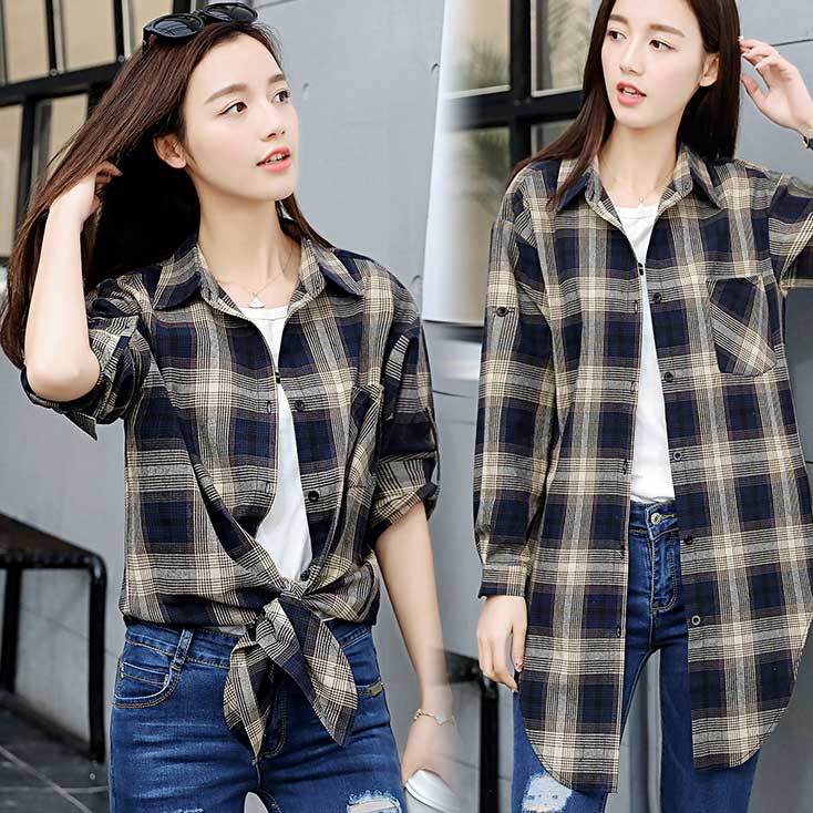 Bow Striped Retro Plaid Long Sleeve Shirt Women's Loose Large Size Mid Length Cardigan Shawl