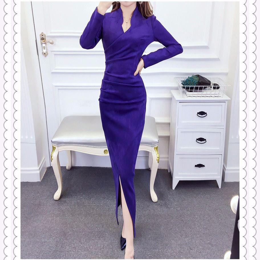 Women's Bottoming Shirt Knit Dress Fashion Slim Pullover V-neck Sweater Knitted Dress Mid-length Over-the-knee Bottoming Shirt