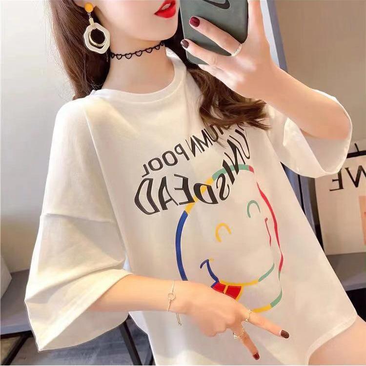 Cute Smiley Women Dress Girl Loose O-Neck Casual Long T-shirt Dress Big Loose Home Comfort Outer Convenient Nightdress Pajamas