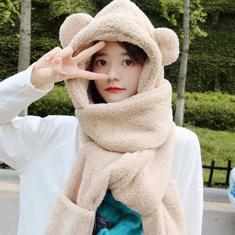 Women's Bear Ears Hat Scarf Gloves Set One-piece All-match Cute Plush Winter Scarf Hooded Cap Riding Windproof Warm Hat Face Ear Protection Hat