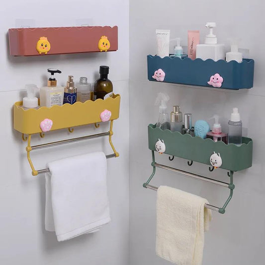 38cm Towel Rack with Hook with Kitchen Storage Rack Bathroom Wall Shelf Bathroom Free Punching Multifunctional Hanging Storage Rack